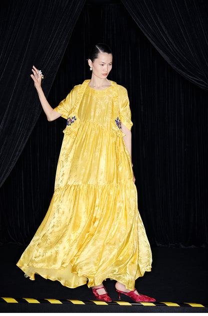 M essential Mackay designer Pine yellow jacquard short-sleeved tower fll dress- Abyn.