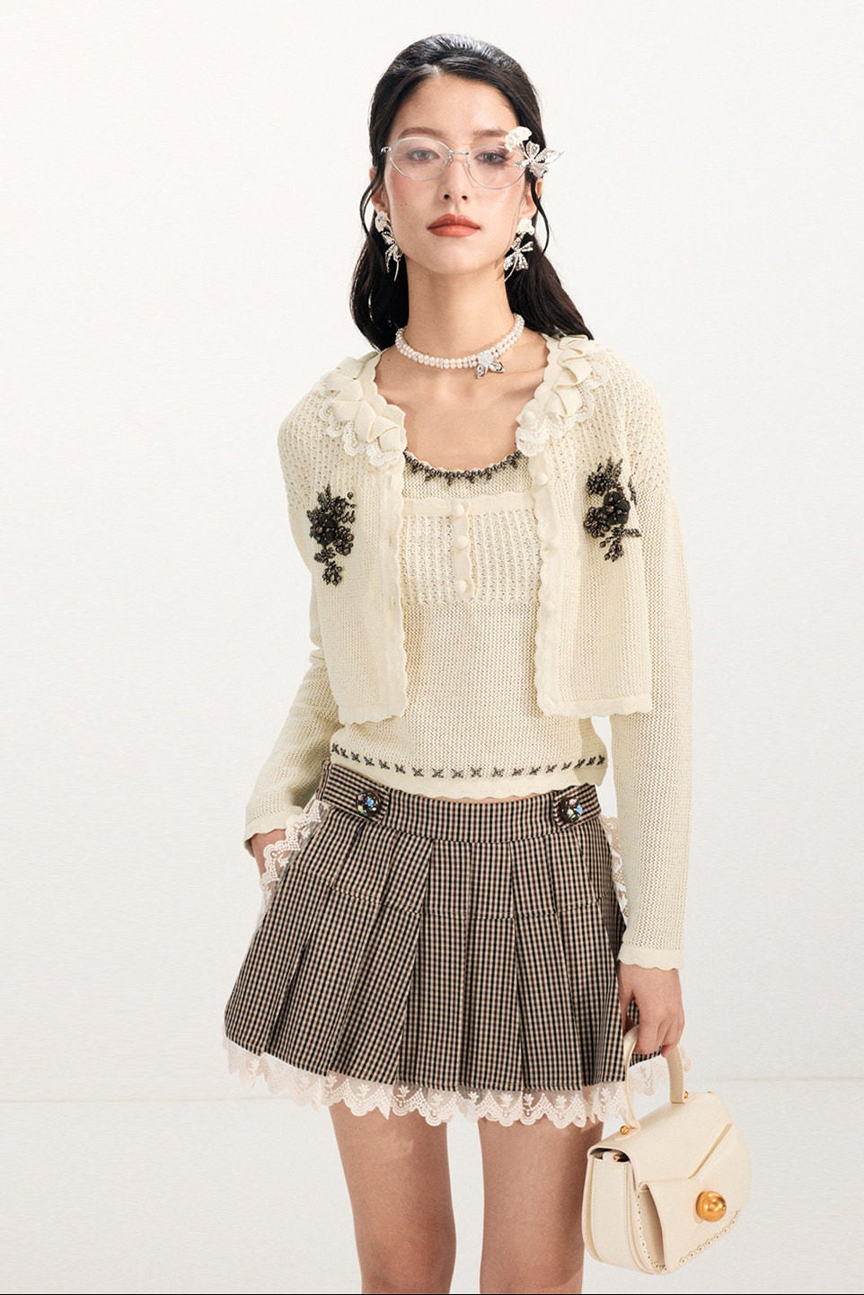 FAME three-dimensional flower beaded two-piece knitted cardigan top - HELEN.