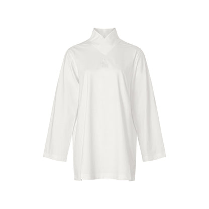 TUYUE White Hanjiao Collar Embroidery Mid-Length Cotton T-Shirt - CYNTHIA.