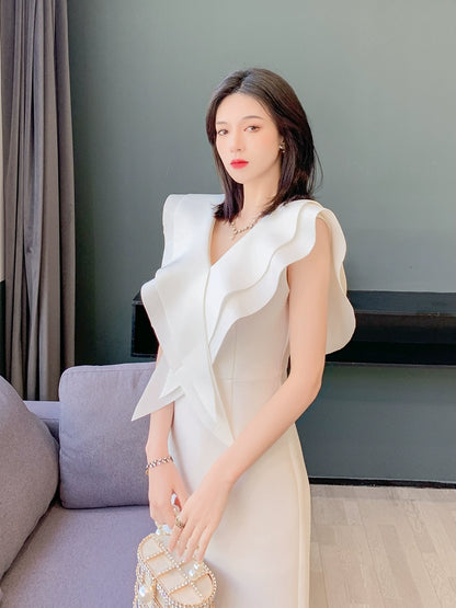 DOLLY Elegant White V-Neck Flying Ruffle Sleeve Slim Fit Long Goddess Dress-CLAUDIA