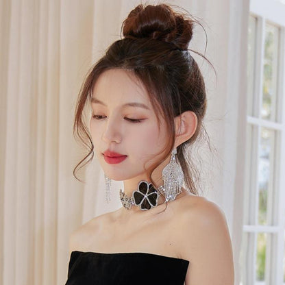 DOLLY Elegant Black Big Flower Diamond Chocker Chic Necklace-AMAL