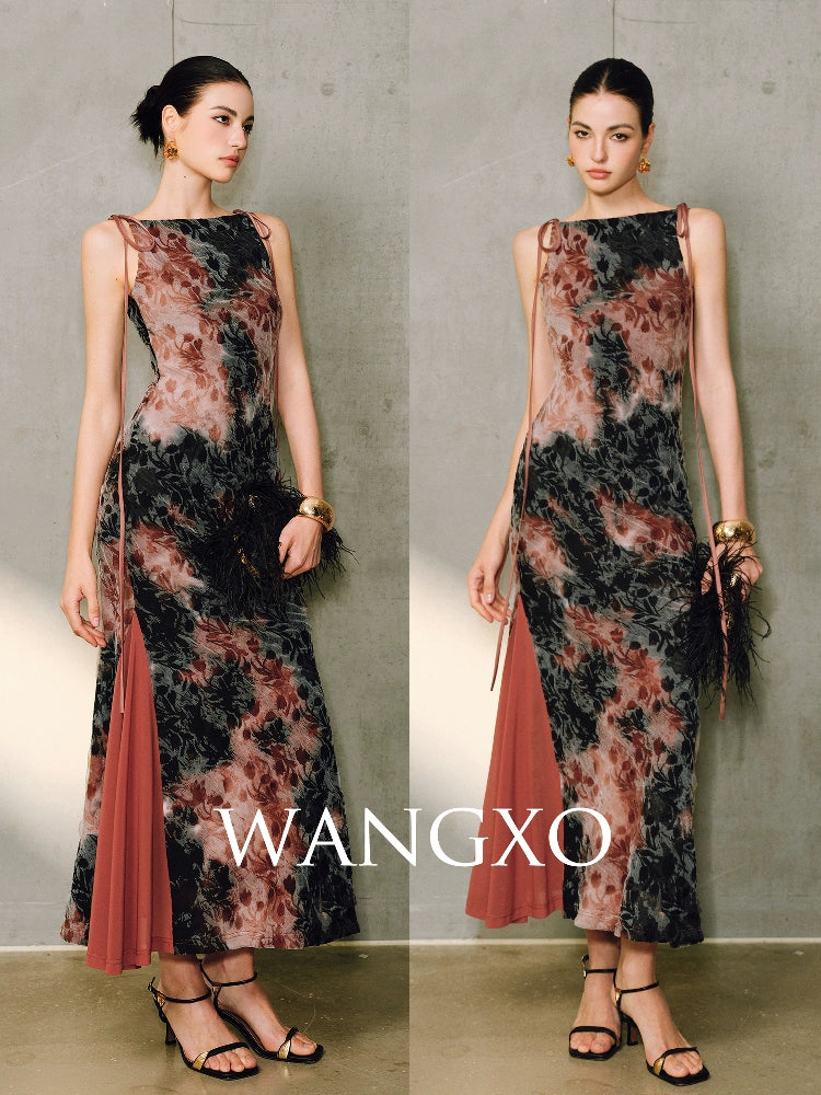 WANGXO | Artistic Ink Smudge Flora Knit Patchwork Contrast Tulle One-Shoulder Fishtail Dress with Flowing Gradient Drama -XINA