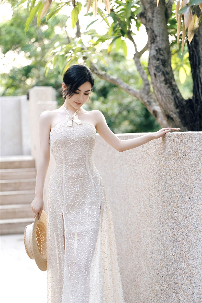 Wardrobes by Chen Luxury French Embroidered Butterfly Halter neck slick Dress- Kara