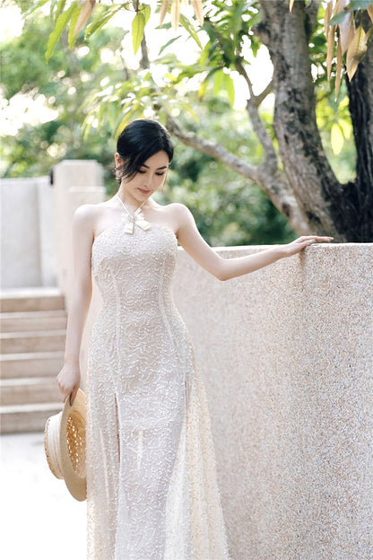 Wardrobes by Chen Luxury French Embroidered Butterfly Halter neck slick Dress- Kara