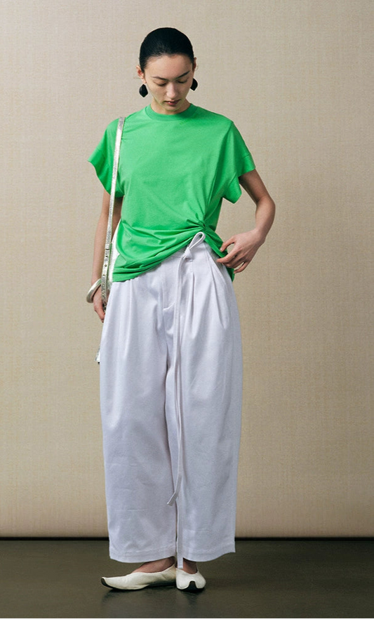 ZHUCHONGYUN wide-shouldered pleated waist slim crewneck top-CAMEL.