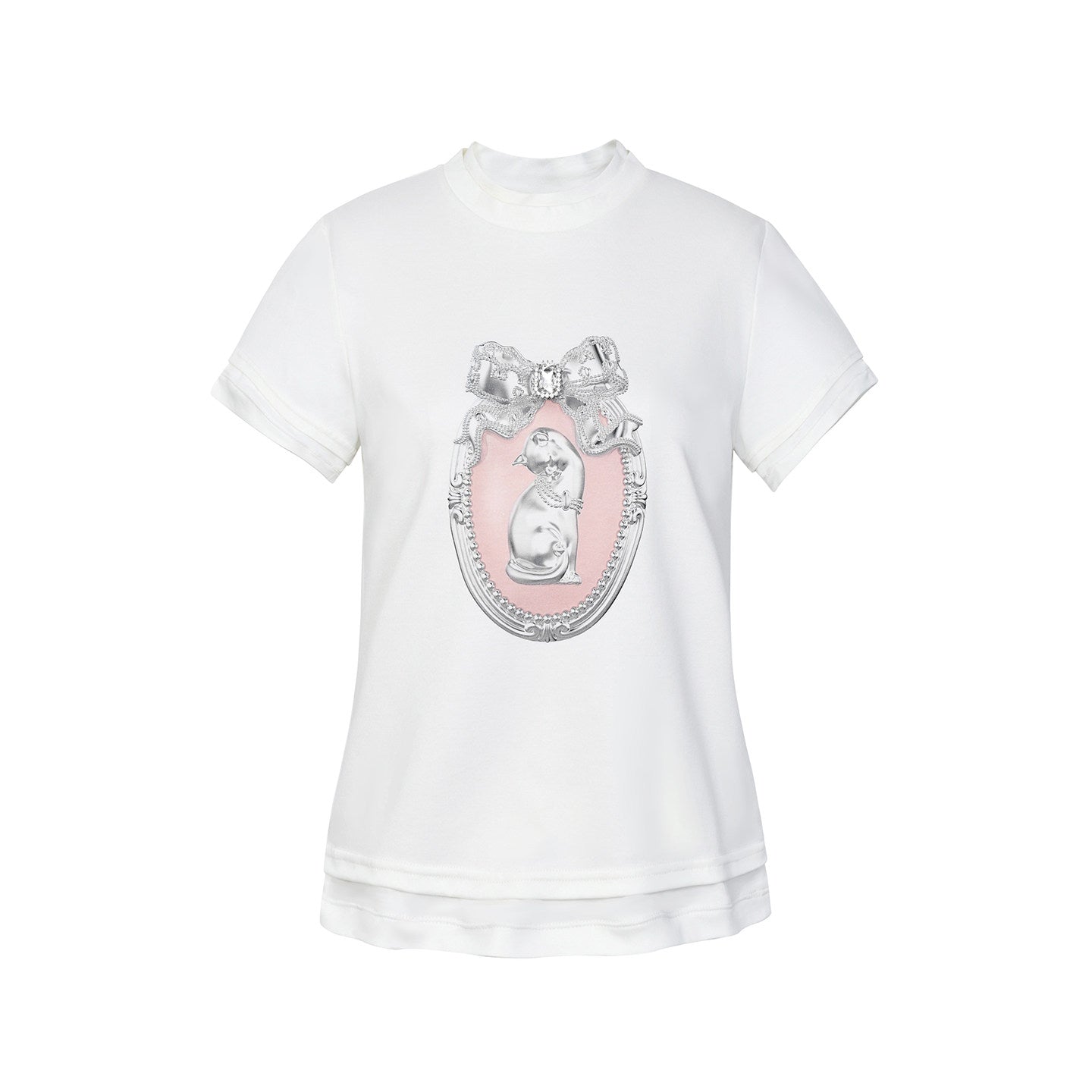FAME crew neck faux two-piece cat print short-sleeved T-shirt - ALAN