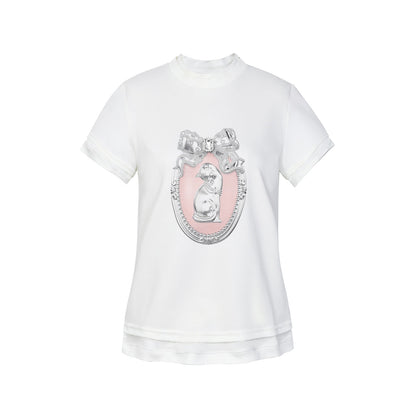 FAME crew neck faux two-piece cat print short-sleeved T-shirt - ALAN
