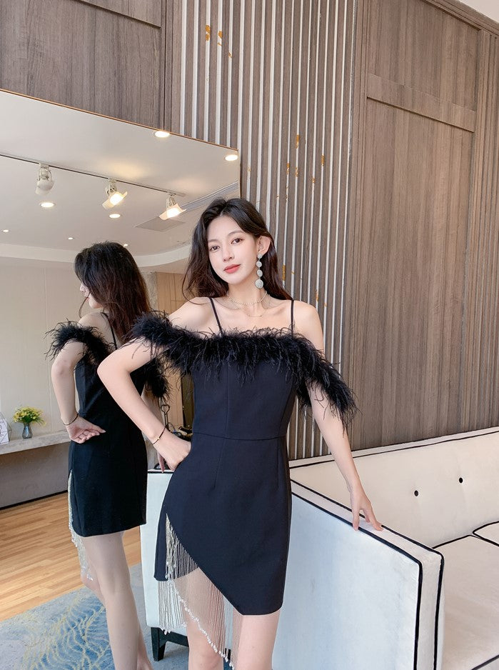 DOLLY Elegant Sling Off Shoulder Feather Slim Fit Short Tassel Birthday Dress-JAJA