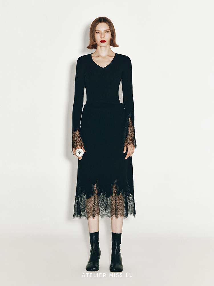 ATELIER MISS LU Fall/Winter elongated lace panelled cashmere wool skirt - ESTI