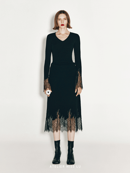 ATELIER MISS LU Fall/Winter elongated lace panelled cashmere wool skirt - ESTI