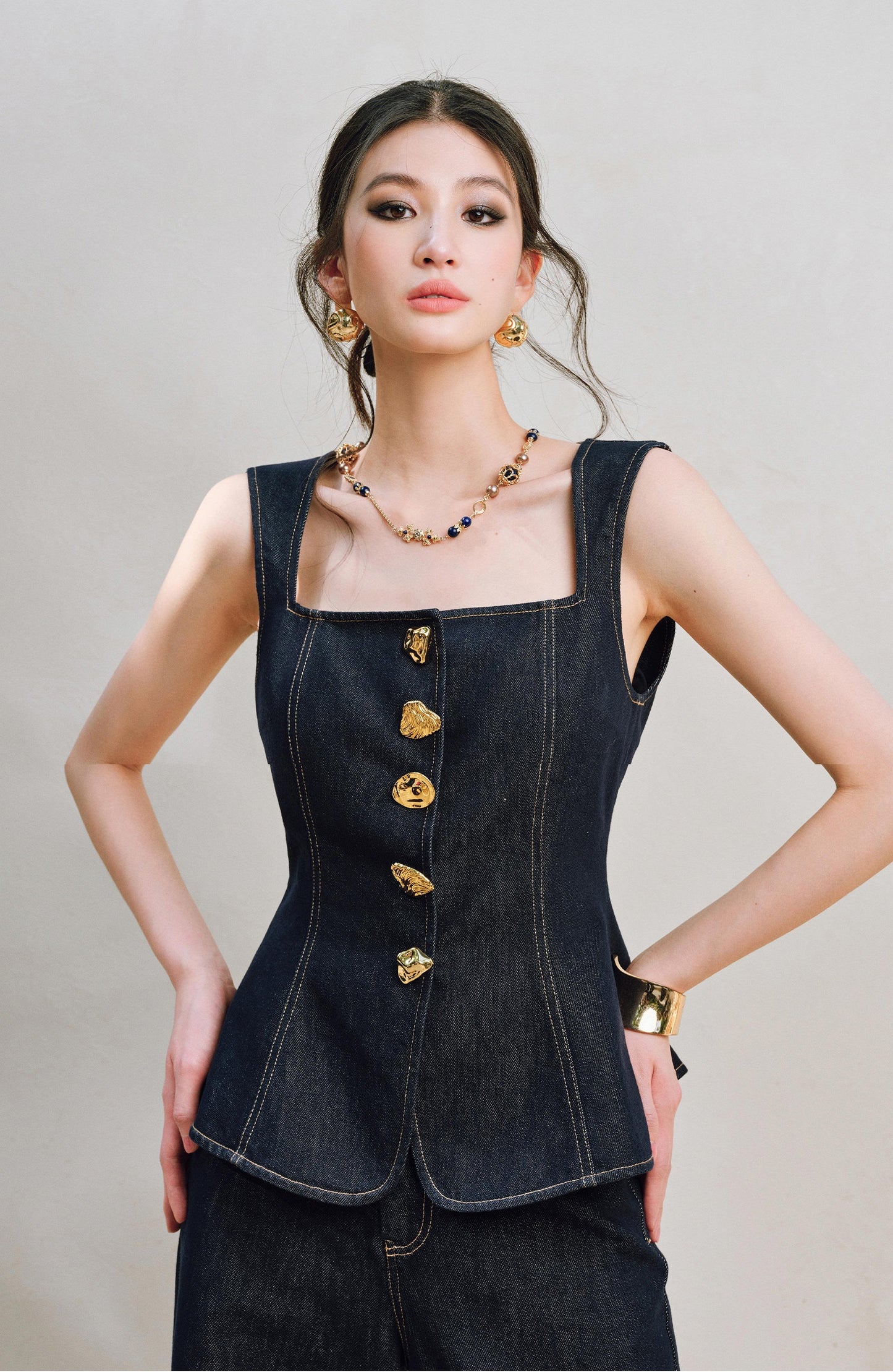 WANGXO | Light-Breathing Tencel Cotton Custom Metal Buckle Vest & Wide-Leg Pants Retro Denim Suit-YARA