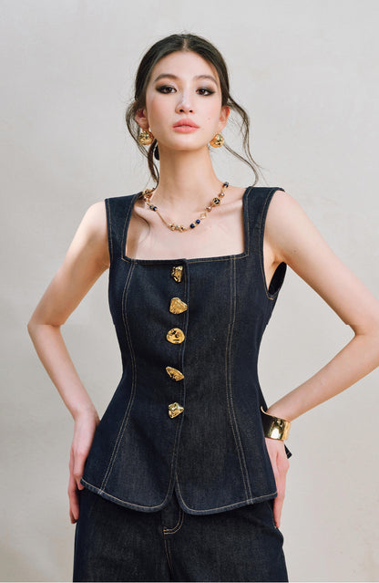 WANGXO | Light-Breathing Tencel Cotton Custom Metal Buckle Vest & Wide-Leg Pants Retro Denim Suit-YARA