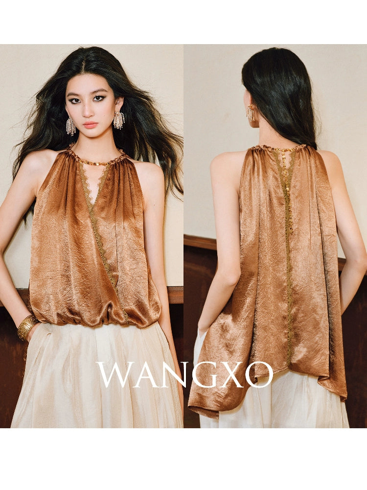 WANGXO|Lace-Trimmed Metal Chain Halterneck V-Neck Pleated Top with Delicate Texture -AYRA