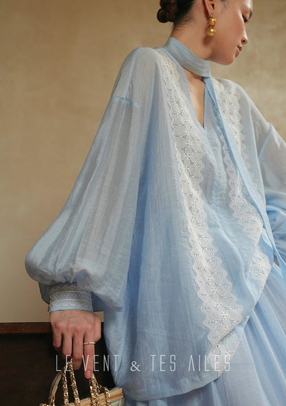 LE VENT&TES AILES pastel blue elegant summer vacation  V-neck shirt skirt set -GWEN