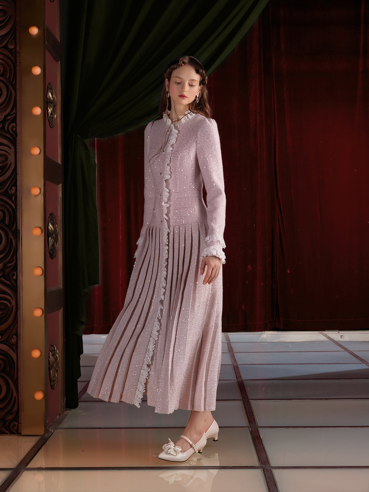 UNOSA champagne pink shimmering lace pleated long coat tweed dress- Lizaa