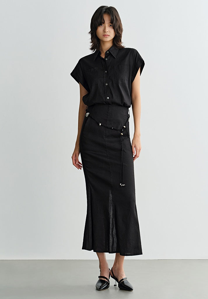 COMME MOI Summer Casual Black Small Cap Sleeve Straight Shirt - SALEM.