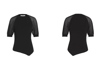 ZHUCHONGYUN black mesh short sleeves assymetrical hemline top-GRANT.