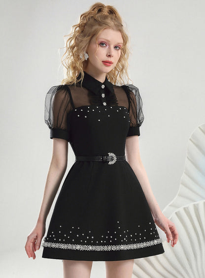 CHECOCRE summer new nail diamond mesh puff sleeves cinched waist thin little black dress - SCRUB .