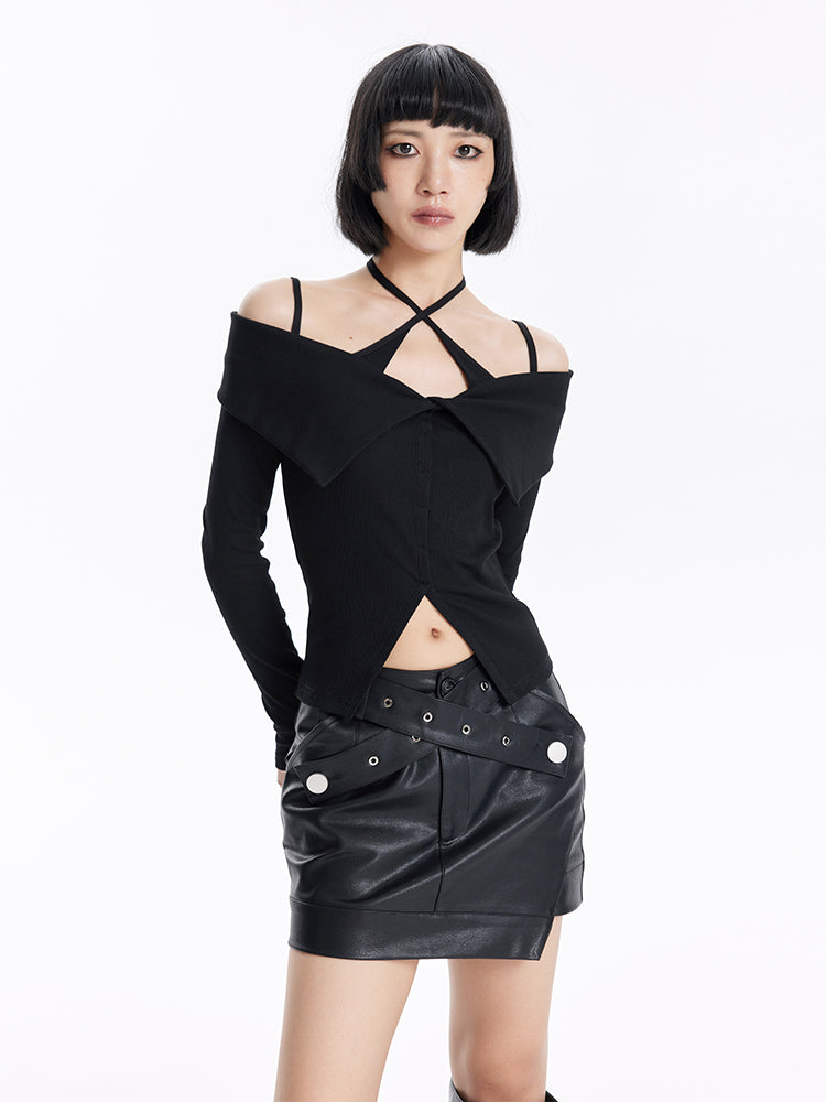 TINY IN crossover off-the-shoulder large lapel knitted long sleeve cut-out top-YOMI