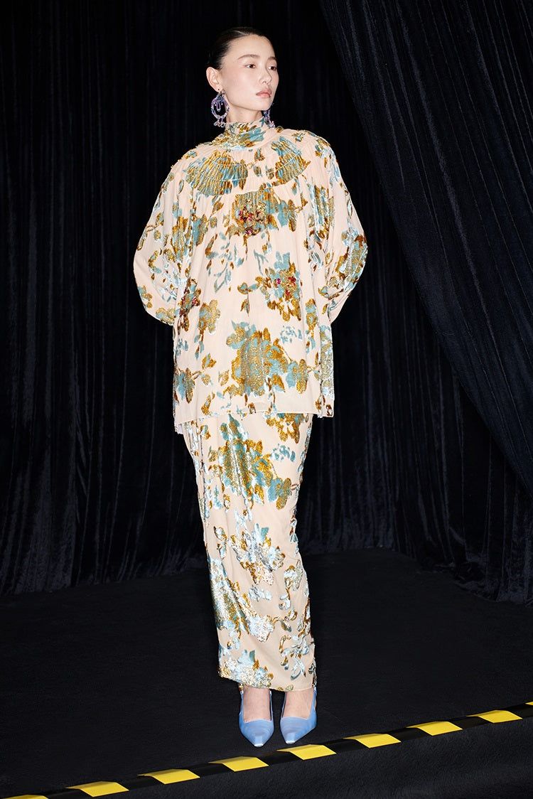 M essential Mackay designer Qili burnt floral velvet dense pleated lace-up loose top - PETER.