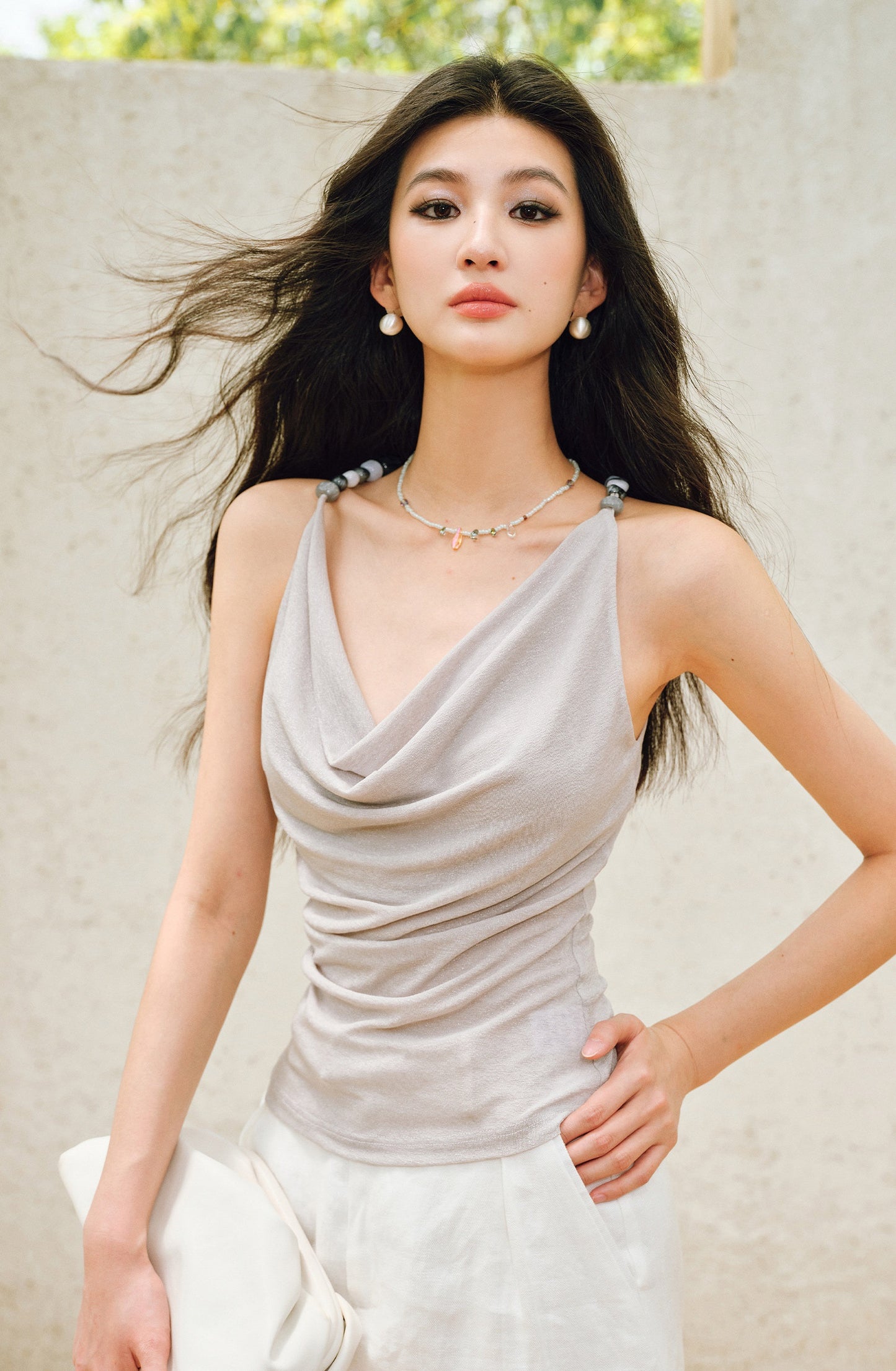 WANGXO | Elegant Swing Neckline Pleated Waist Beaded Camisole Top- SENA
