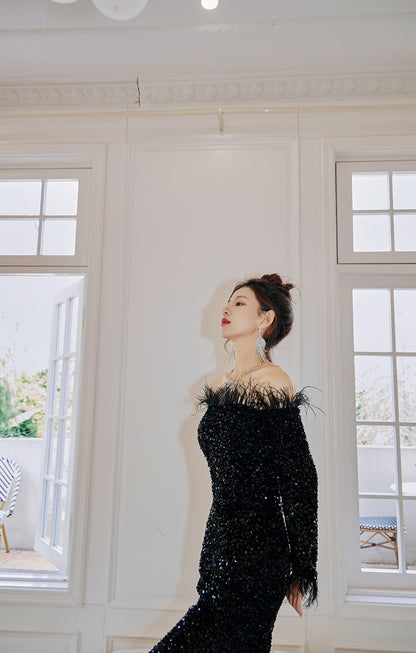 DOLLY Luxury Black Off Shoulder Feather Sequin Tube Top Long Evening Dress-LORELEI