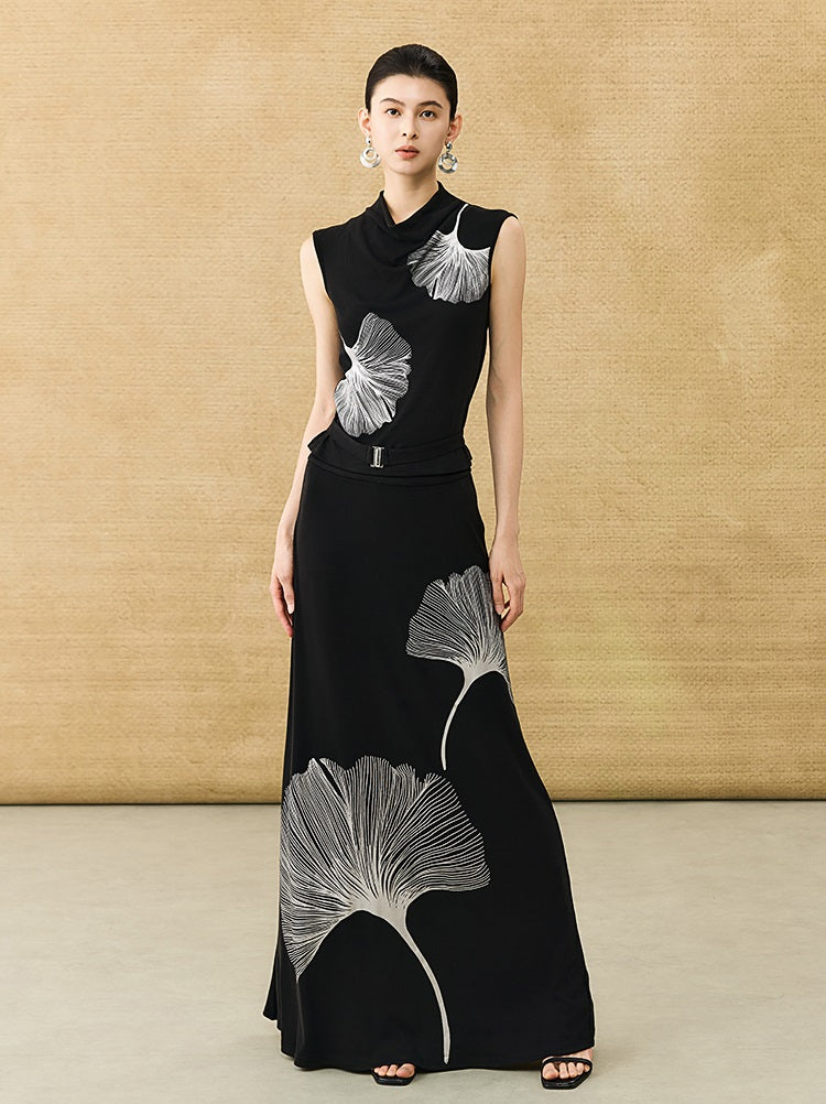 HECO Chinese draped skirt summer fashion ginkgo print skirt set - AFLORAL.