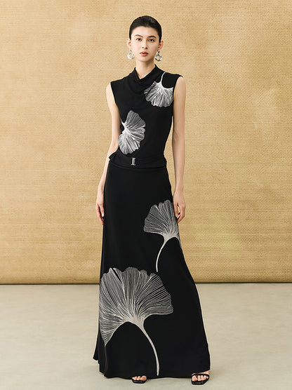 HECO Chinese draped skirt summer fashion ginkgo print skirt set - AFLORAL.