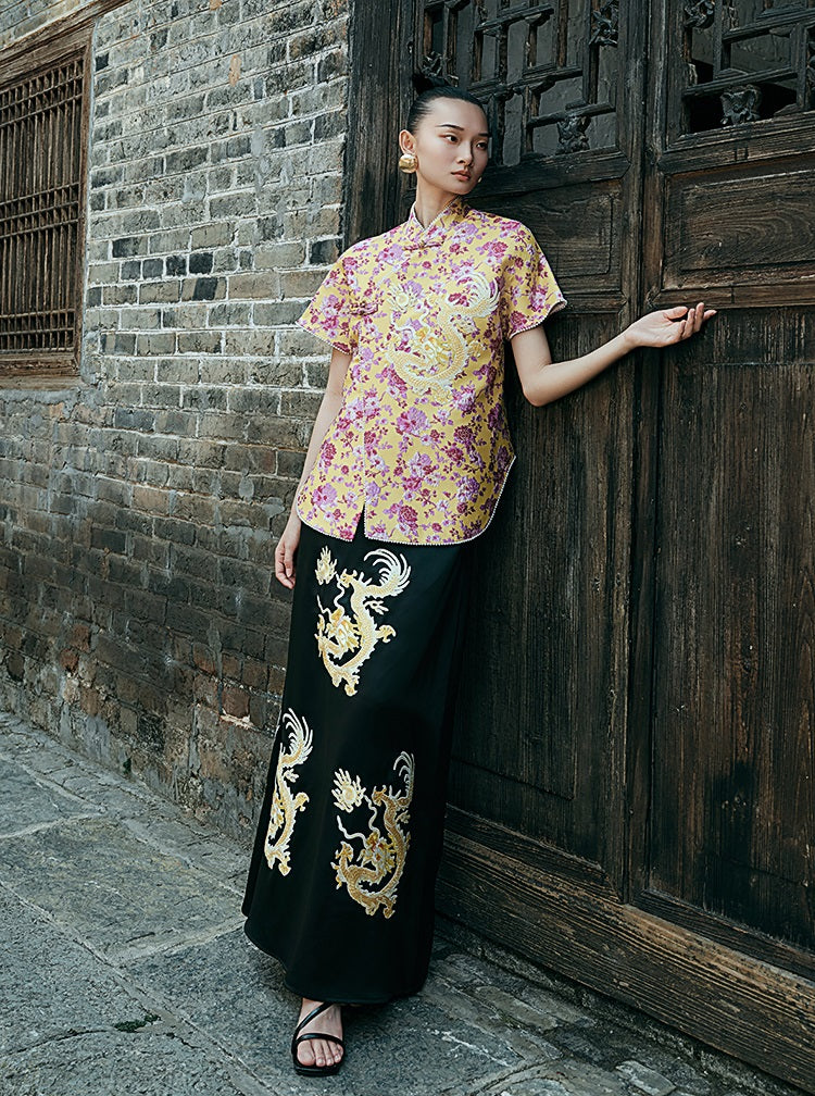 HECO Chinese style golden dragon embroidery short-sleeved placket buttoned shirt - QAND.