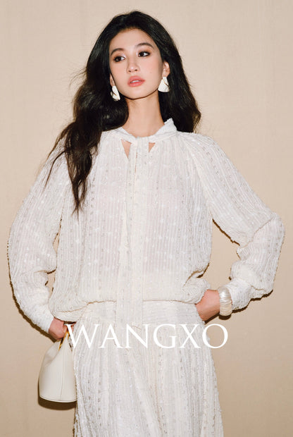 WANGXO | 3D Granular Jacquard Micro-Wrinkle Streamer V-Neck Top & Skirt Set- ADA.