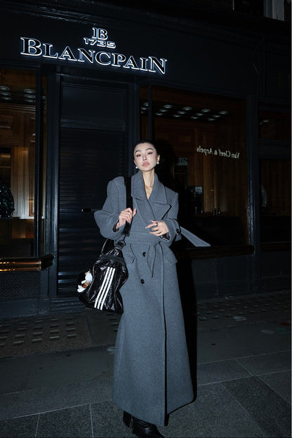 MEI SANGUAN gray double-breasted lace-up woolen jacket - CLARA