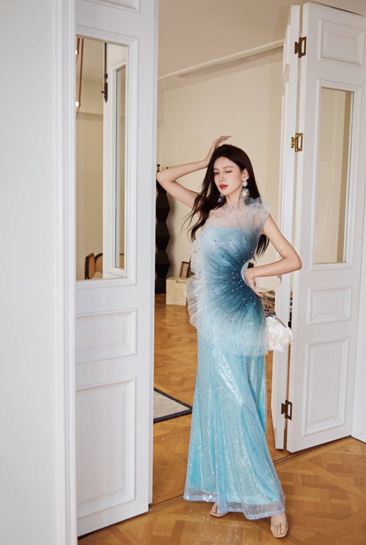 DOLLY Luxury Blue Sleeveless Mesh Bandeau High Waist Long Fish Tail Cocktail Dress-SENORA