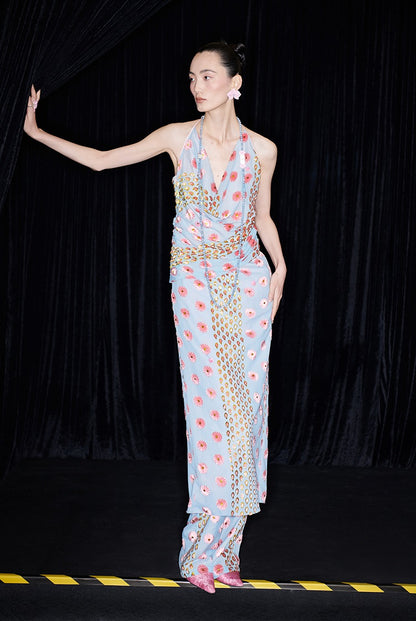 M essential Ma Kai designer Qu Kun burnt flower velvet nail beads open back dress - ALPHA.