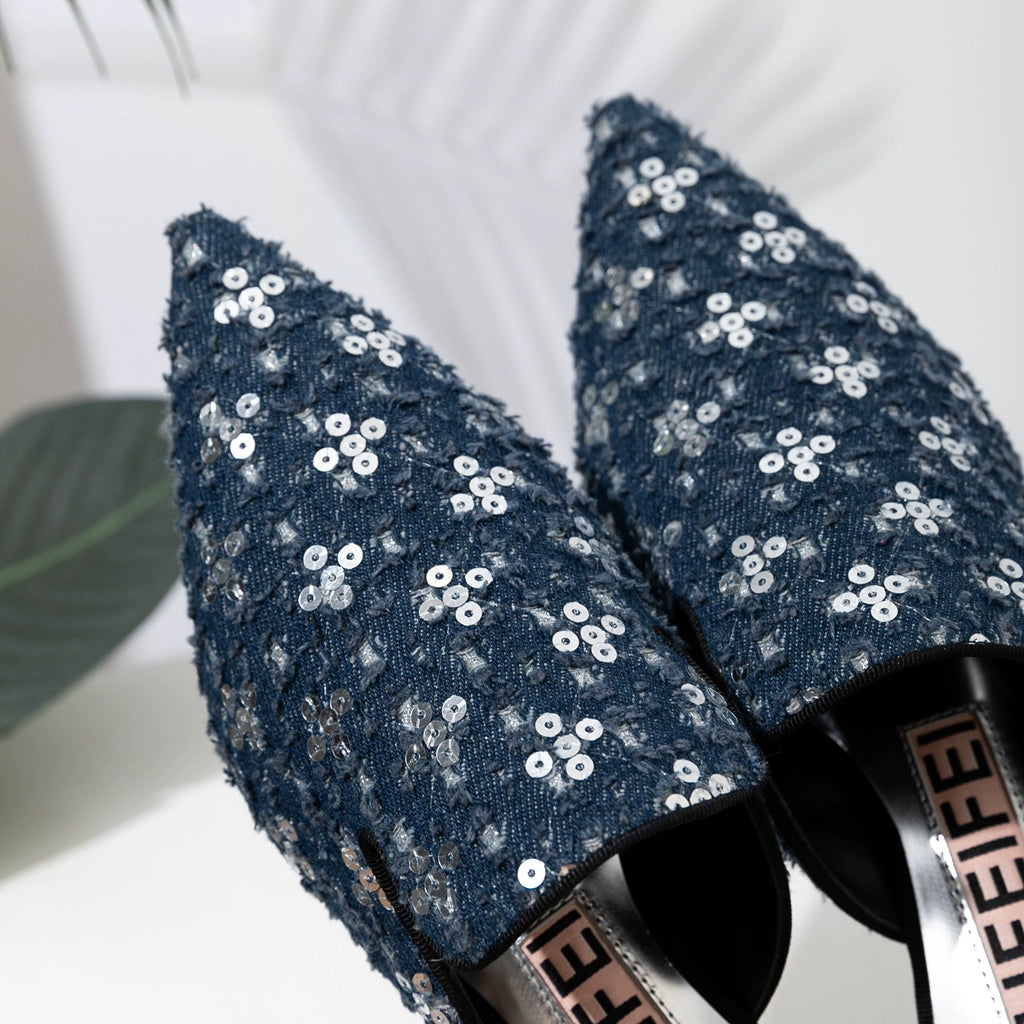 B-FEI'S Denim Sequin Pointed Toe Casual Flat Mules-MATT.