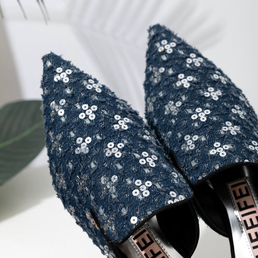 B-FEI'S Denim Sequin Pointed Toe Casual Flat Mules-MATT.