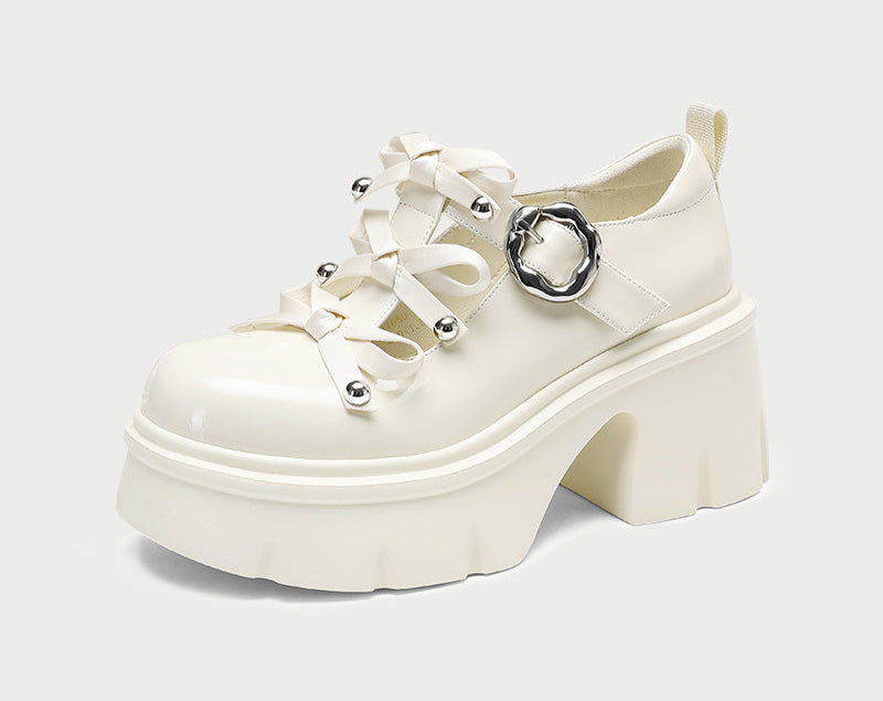 Pjjuu  Alt student bowed punk white Maryjane Platform Soled loafer - Emo