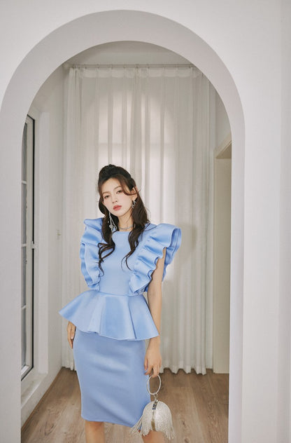 DOLLY High End Blue Crew Nek Ruffled Flying Sleeve Midi Office Dress-BELLONA