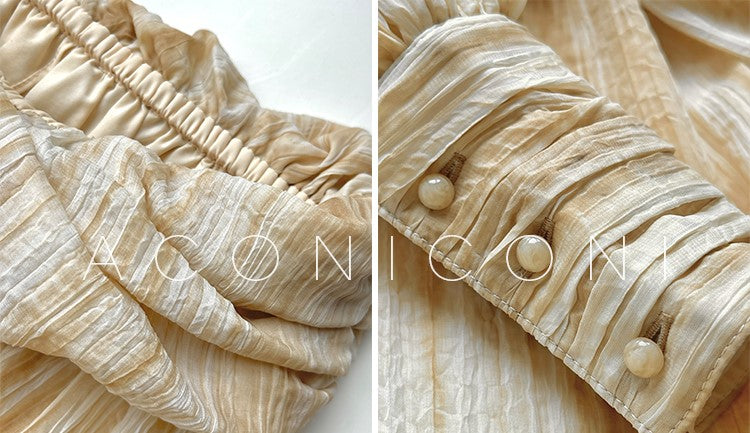 Aconiconi Elegant Wave Pattern Long Sleeve Loose Wedding Guest Dress- Dune