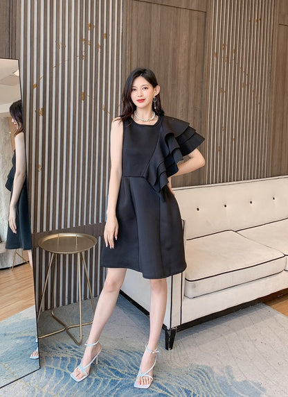 DOLLY Luxury Retro Style Crew Neck One Shoulder Ruffle Sleeves Midi Office Dress-CLAUDI