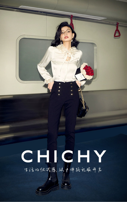 CHICHY French high-end narrow black slim small leg long pants-MIZU