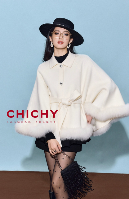 CHICHY white high-end loose reversible woolen cape coat-DOMI