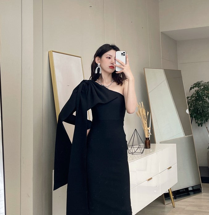 DOLLY Elegant One Shoulder Long Trumpet Sleeve Slim Fit Wedding Guest Dress-MALA