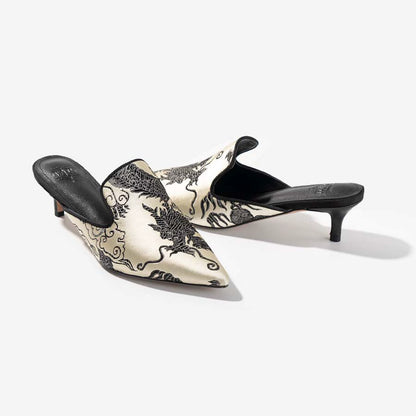 B-FEI Chinese dragon pattern embroidered kitten heel mules-JOER.
