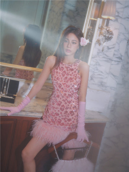 Wardrobes by Chen Dark Rose Pink Floral Sequin Feather Short cocktail Dress-Luciana