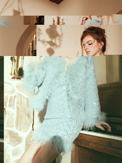 Wardrobes by Chen Luxury Long Sleeve Diamond Feather Jacket/ Strapless Dress-Red