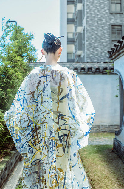 TUYUE Art Print Disc Buckle Light Organza Long Jacket- XENA.