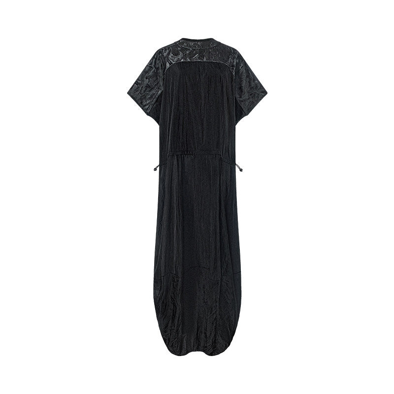 TUYUE Dark Blue Waist Trench Coat Texture Short Sleeve Dress- ANDREA.