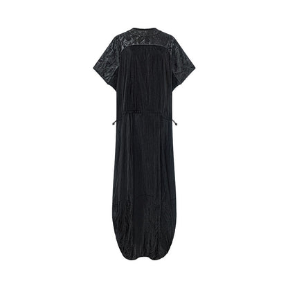 TUYUE Dark Blue Waist Trench Coat Texture Short Sleeve Dress- ANDREA.