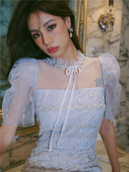 Wardrobes by Chen Luxury Blue Embroidered Crystal Pearl Dress-Bukky