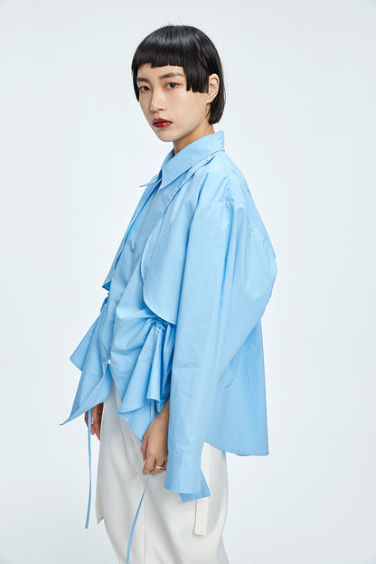 TINY IN  two irregular drawstrings waist cinching blue white shirts-DANTE